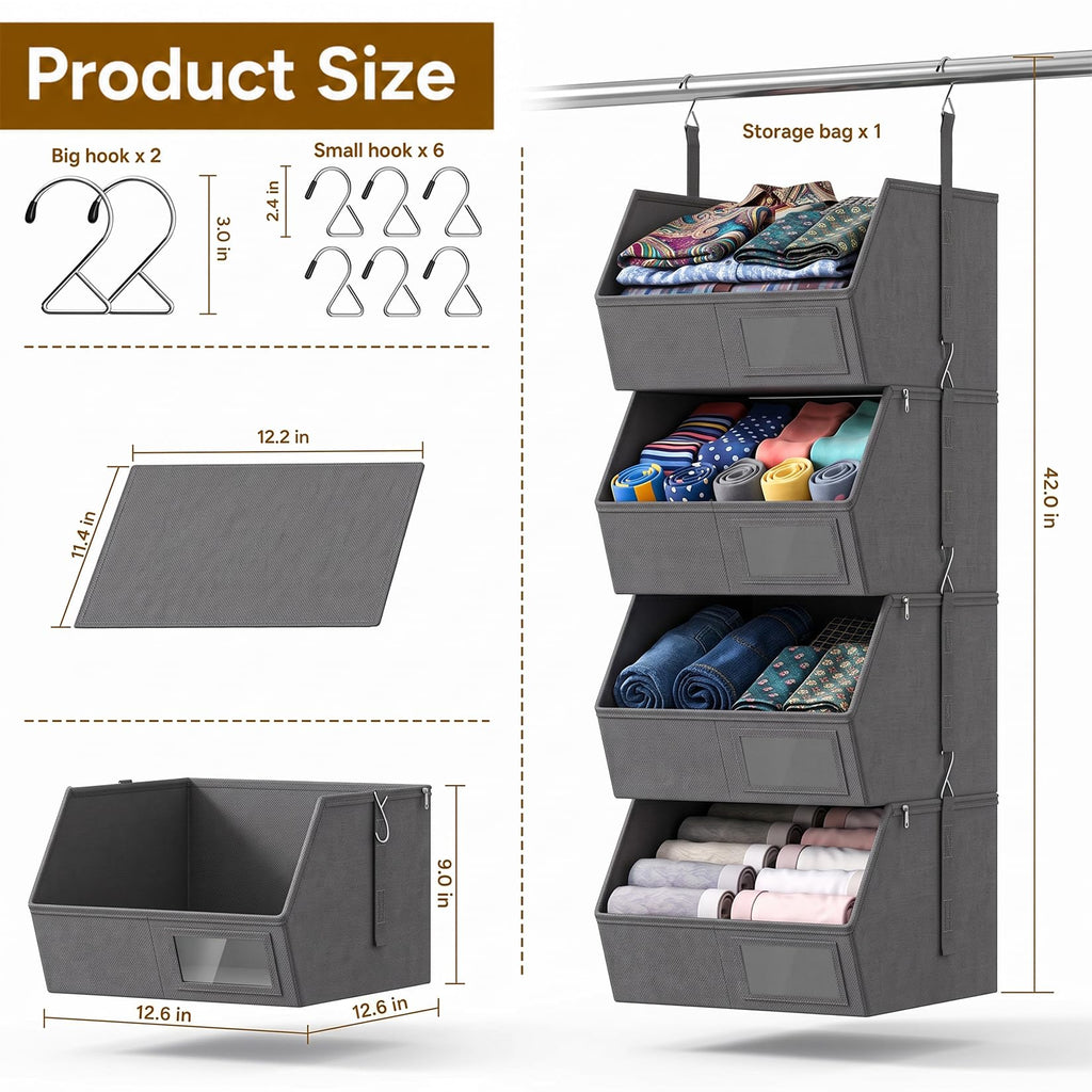 4-Tier Hanging Closet Organizer, Detachable Hanging Storage Shelves with Reinforced Side Panels, Hanging Closet