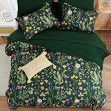 Yiran Queen Comforter Set 7 Piece, Dark Green Floral Bedding Set, Bed in a Bag Queen with Botanical Flowers Patterns