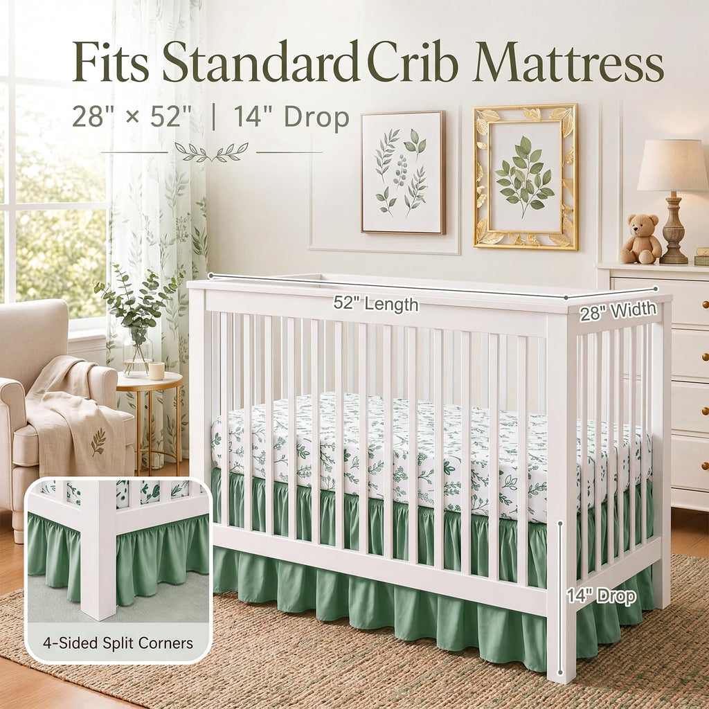 3 Pieces Sage Green Leaf Crib Bedding Set for Girls Boys, Ruffle
