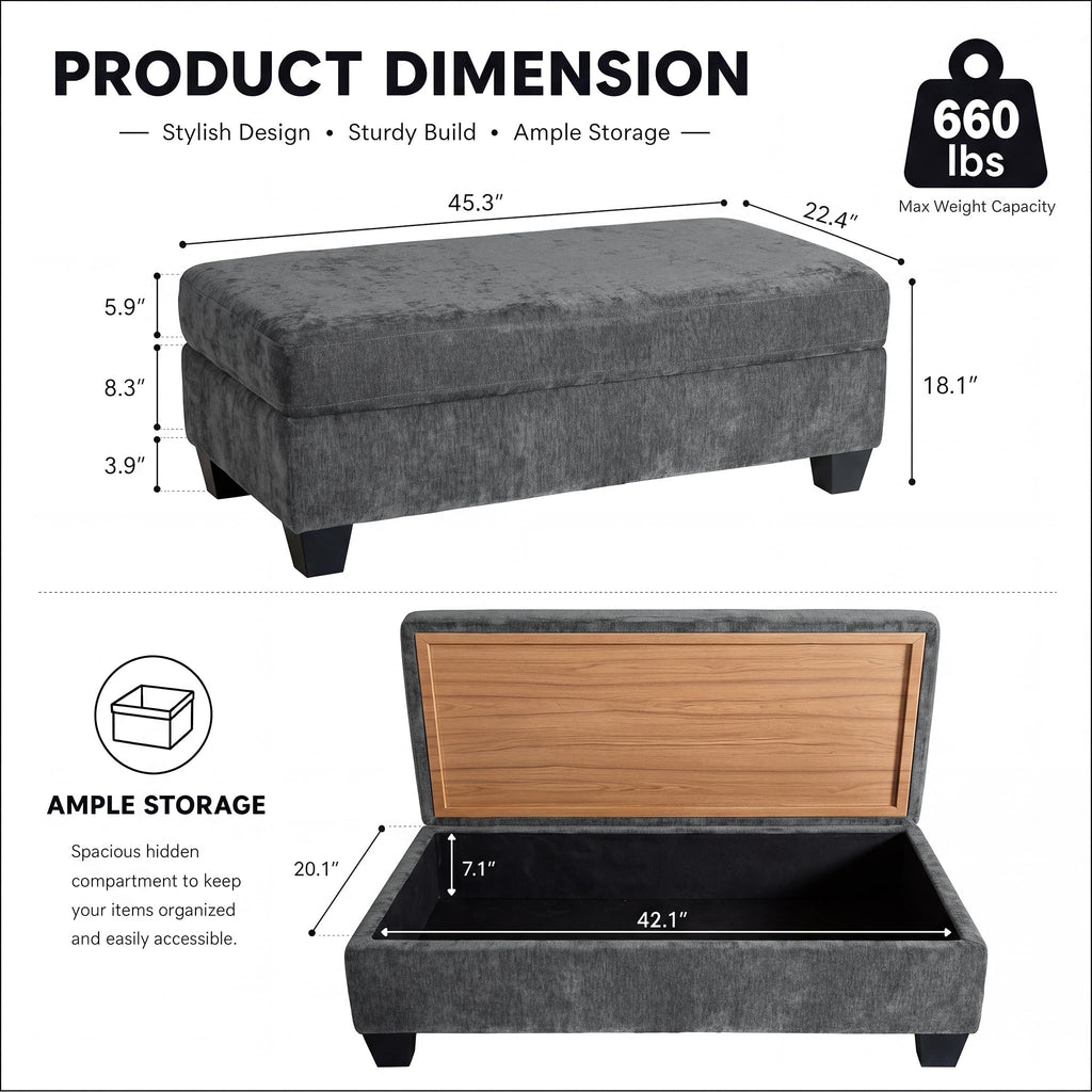 45.3" Storage Ottoman with Reversible Wooden Tray Top, Coffee Table Ottoman Bench Upholstered Multifunctional