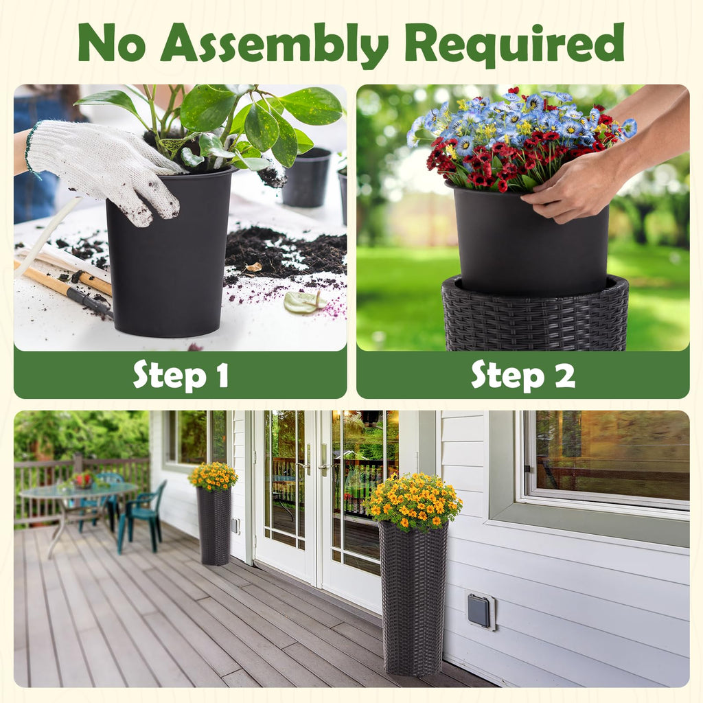 2PCS Rattan Wicker Planters for Outdoor, 24-Inch Tall, Round Black