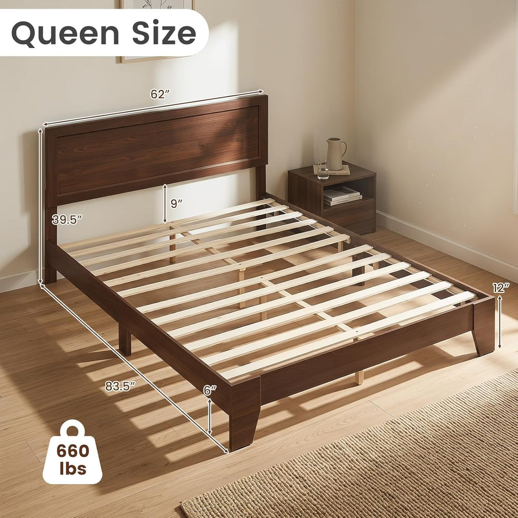 Queen Bed Frame, Mid-Century Modern Platform Bed with Headboard, Wooden Slat Support Mattress Foundation, Under-Bed