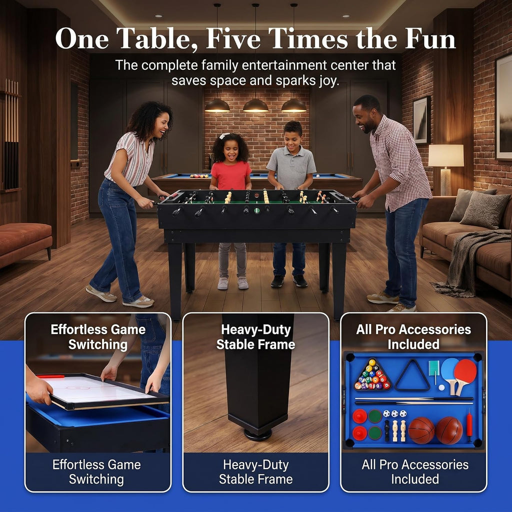 5-in-1 Multi-Game Table - Billiards, Push Hockey, Foosball, Ping Pong, and Basketball, Game Table Combo for Home Game
