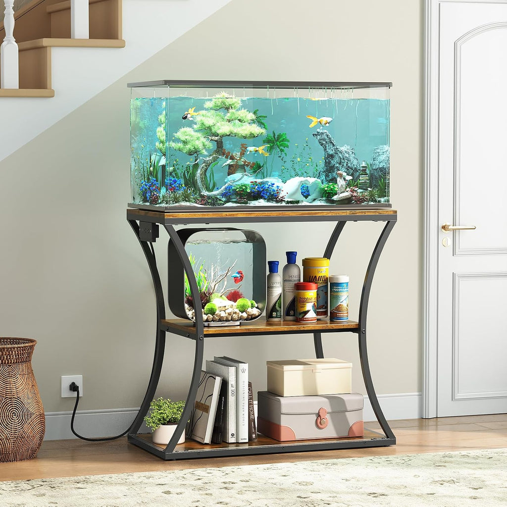 20-29 Gallon Fish Tank Stand with Power Outlet, 3-Tier Aquarium Stand with Storage, Heavy Duty Metal Frame Tank Rack