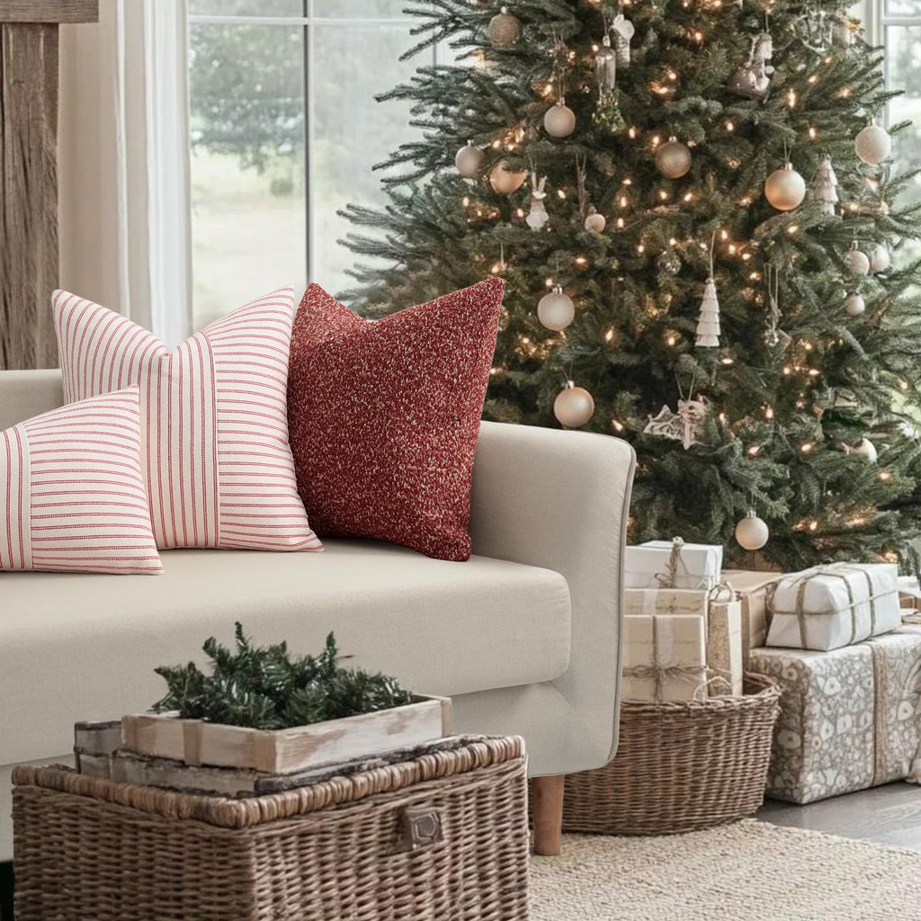 Christmas Pillow Covers 20x20, Boho Throw Pillow Covers Set of 2, Red and Cream Striped Linen Decorative Pillows
