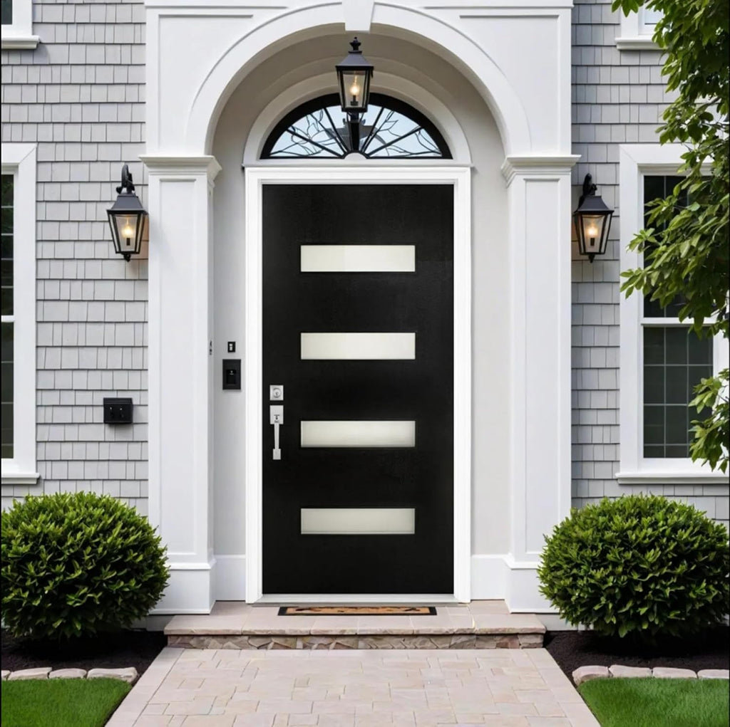 Modern Black Exterior Fiberglass Entry Front Door with 4 Frosted Glass Panels Includes Frame & Hardware Right Inswing