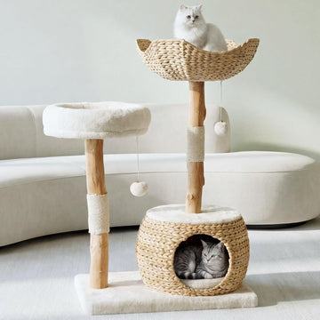Modern Cat Tree Tower with Cave, Real Wood Cat Scratching Post with Bed for Indoor Cats Large Adult, Solid Wooden