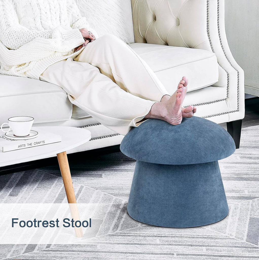 15" Blue Mushroom Ottoman with Storage | Chenille Fabric, Round Foot Rest, Modern Footstool,for Vanity, Bedroom