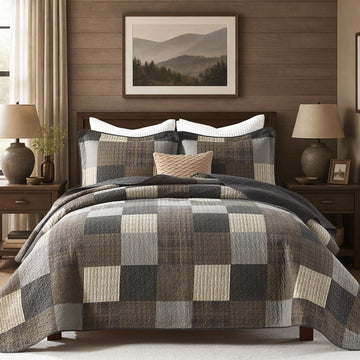 Quilts, Classic Plaid Design, Charcoal/Coffee Brown/Khaki