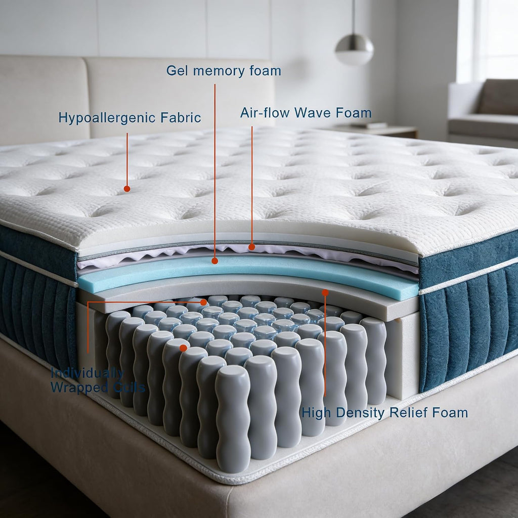 King Size Mattress, 14 Inch Cooling Hybrid King Mattress in a Box, Medium Firm with Gel Memory Foam & Pocket Coils
