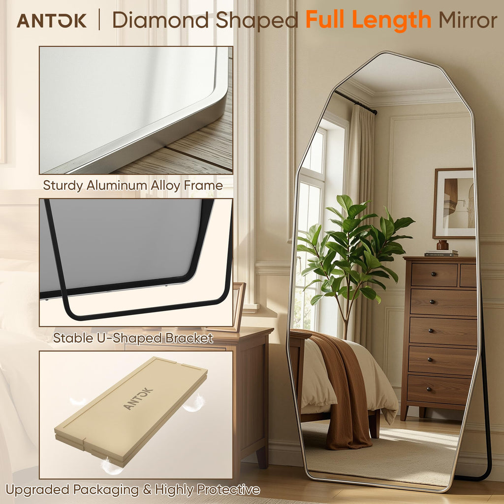 76"x34" Irregular Full Length Mirror, Large Full Body Mirror, Silver