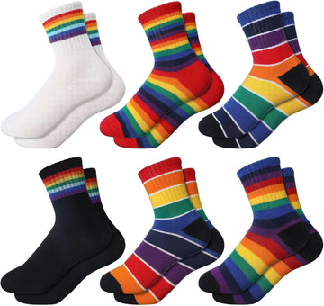 6 Pairs Kids Boys Crew Socks Kids Cotton Rainbow Stripe Calf Breathable Athletic Socks for Girls and Boys