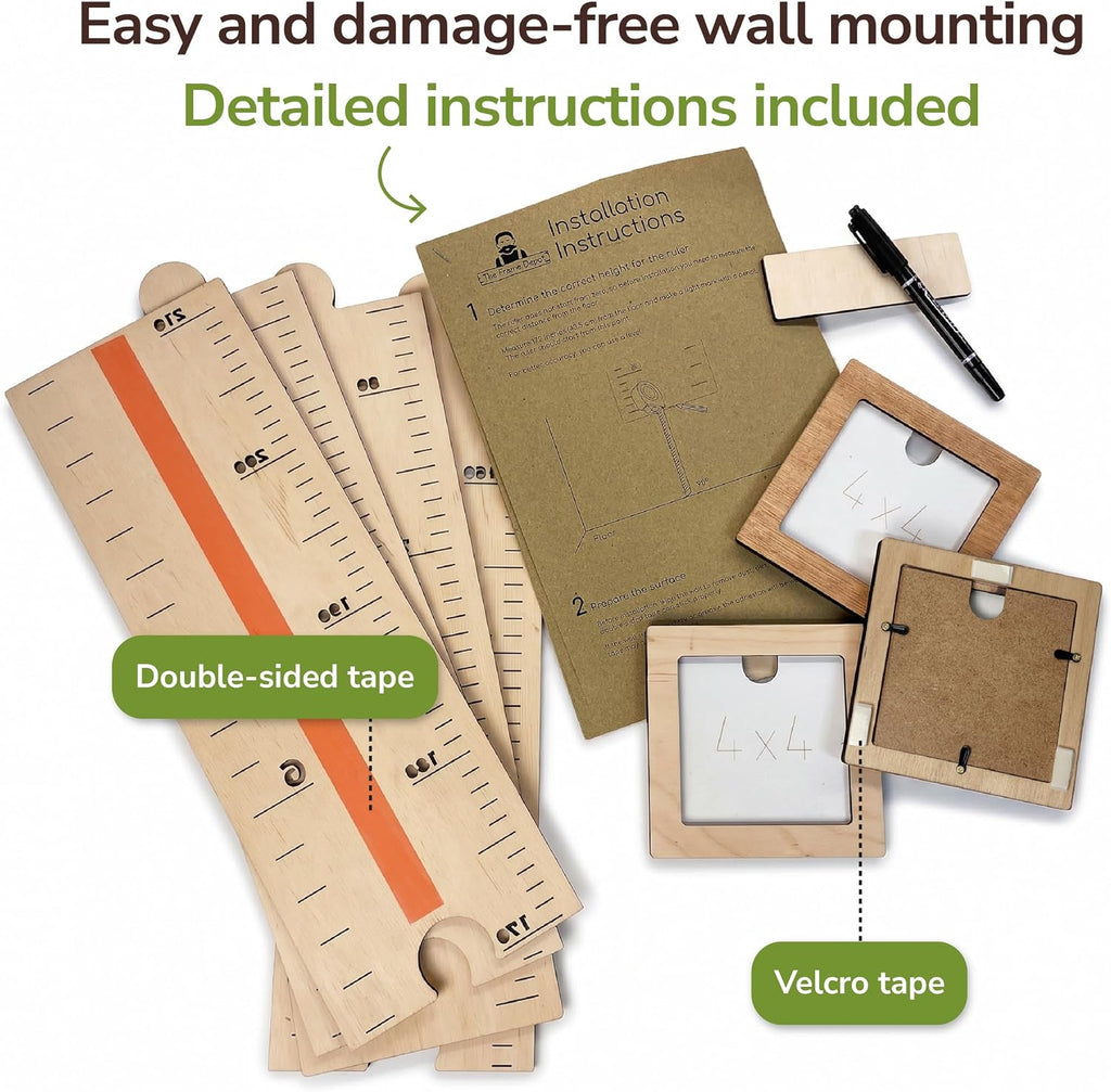 Wooden Growth Chart Ruler with 20 Picture Frames 4x4 - Kids Height Measurement Wall Decor Room - Dual Inch & cm