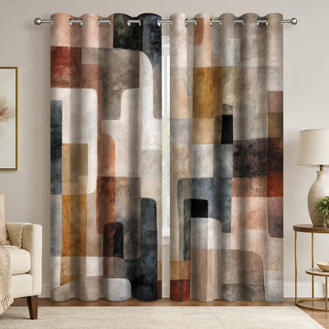 Brown Grey Abstract Blackout Curtains, Mid Century Art Geometric Modern Beige Window Drapes, Thermal Insulated Room