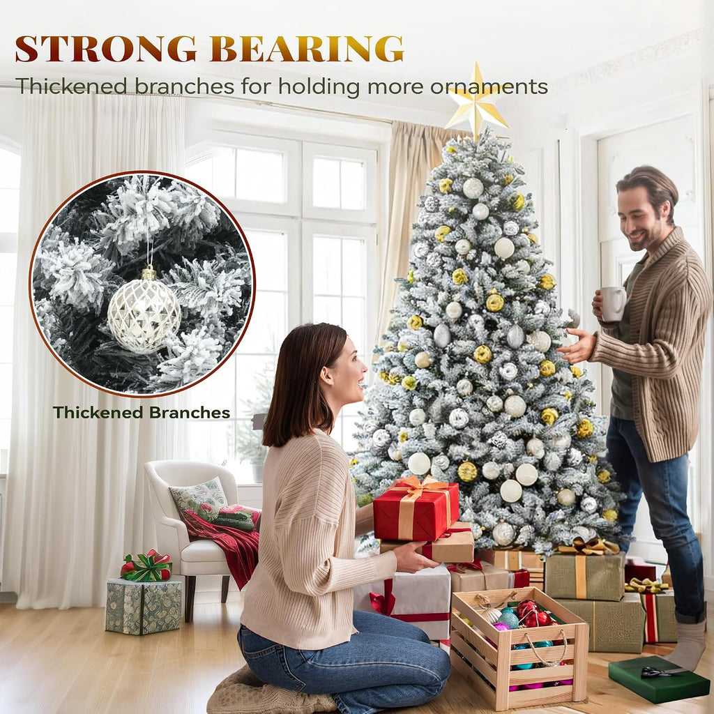 Prelit Snow Flocked Artificial Full Christmas Tree with Remote Control, Christmas Pine Tree with 11 Light-Modes