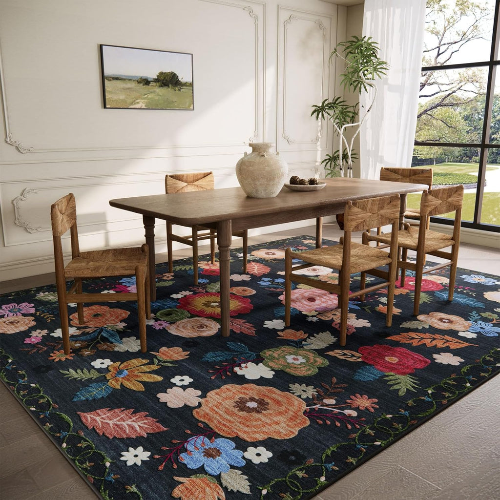 8x10 Area Rugs for Living Room: Washable Rug Non Slip Low Pile Soft Faux Wool Non Shedding Vintage Floral Large