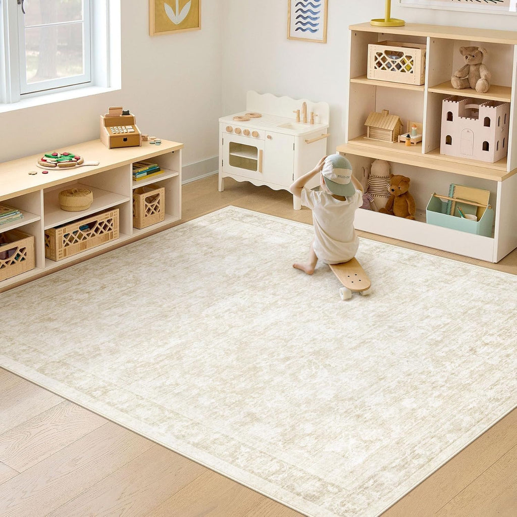 5x7 Area Rugs for Living Room: Washable Vintage Floral Rug Low Pile Non-Slip Boho Carpet for Bedroom Nursery Dining