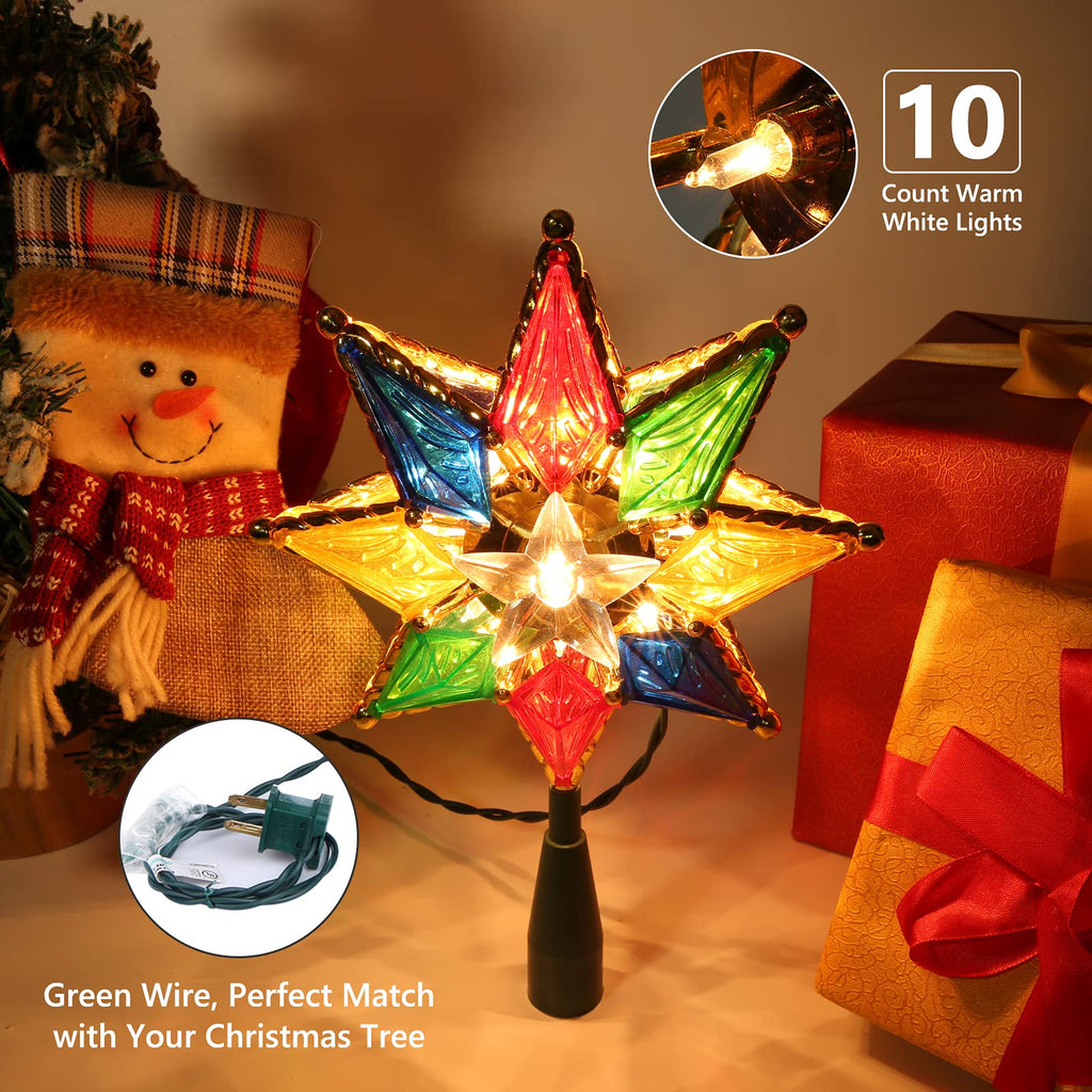 Christmas Star Tree Topper, 8" Lighted Double-Sided Christmas Tree Topper, 8-Point Multi Color Xmas Tree Topper with