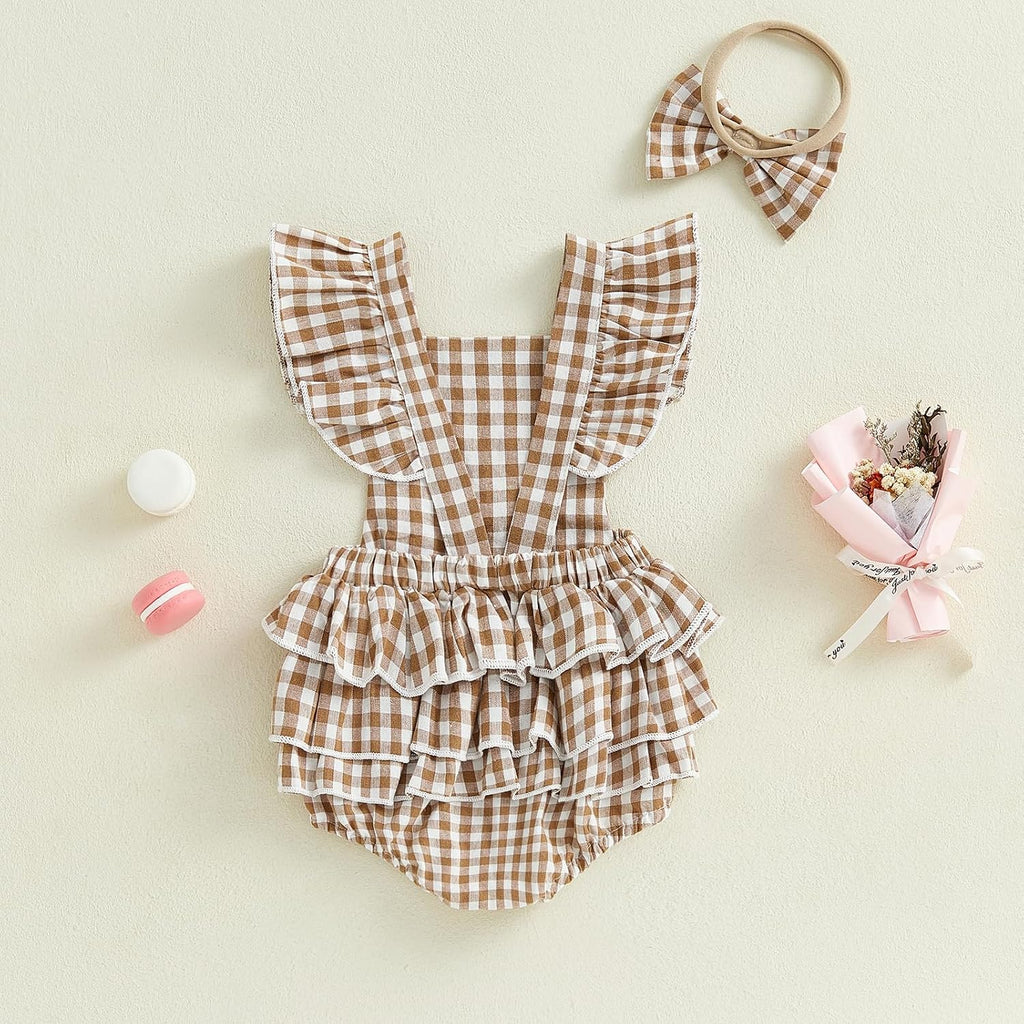 Newborn Baby Girl Romper Summer Sleeveless Checkered Smocked Cotton Linen Clothes Outfit Jumpsuit with Bow Headband