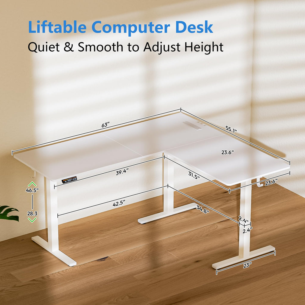 63 x 55 Inch L-Shaped Standing Desk, Electric Corner Workstation White