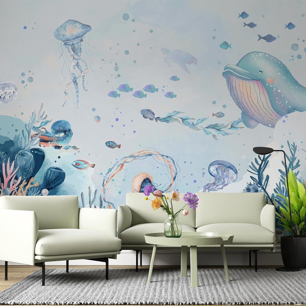 Large Kids Room Blue Ocean Theme Nursery Wallpaper Mural Peel and Stick | 148"W x 110"H Cartoon Undersea World Ocean
