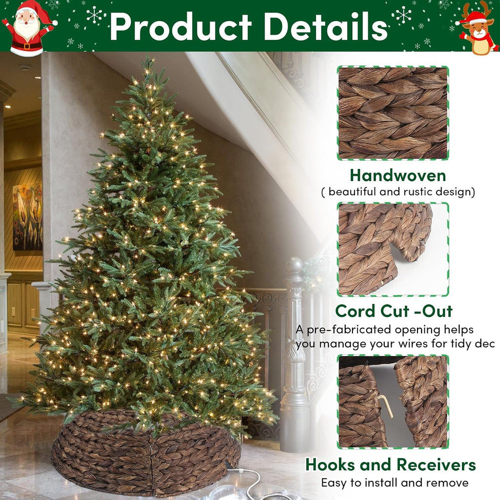 Christmas Tree Collar, 24'' Water Hyacinth Tree Collar, Woven Tree Collar with Cord Cut-Out, Rattan Wicker Tree Skirt