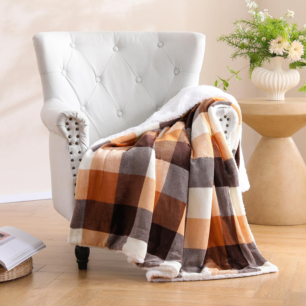 Buffalo Plaid Sherpa Fleece Throw Blanket, 60 x 80 inches, Orange