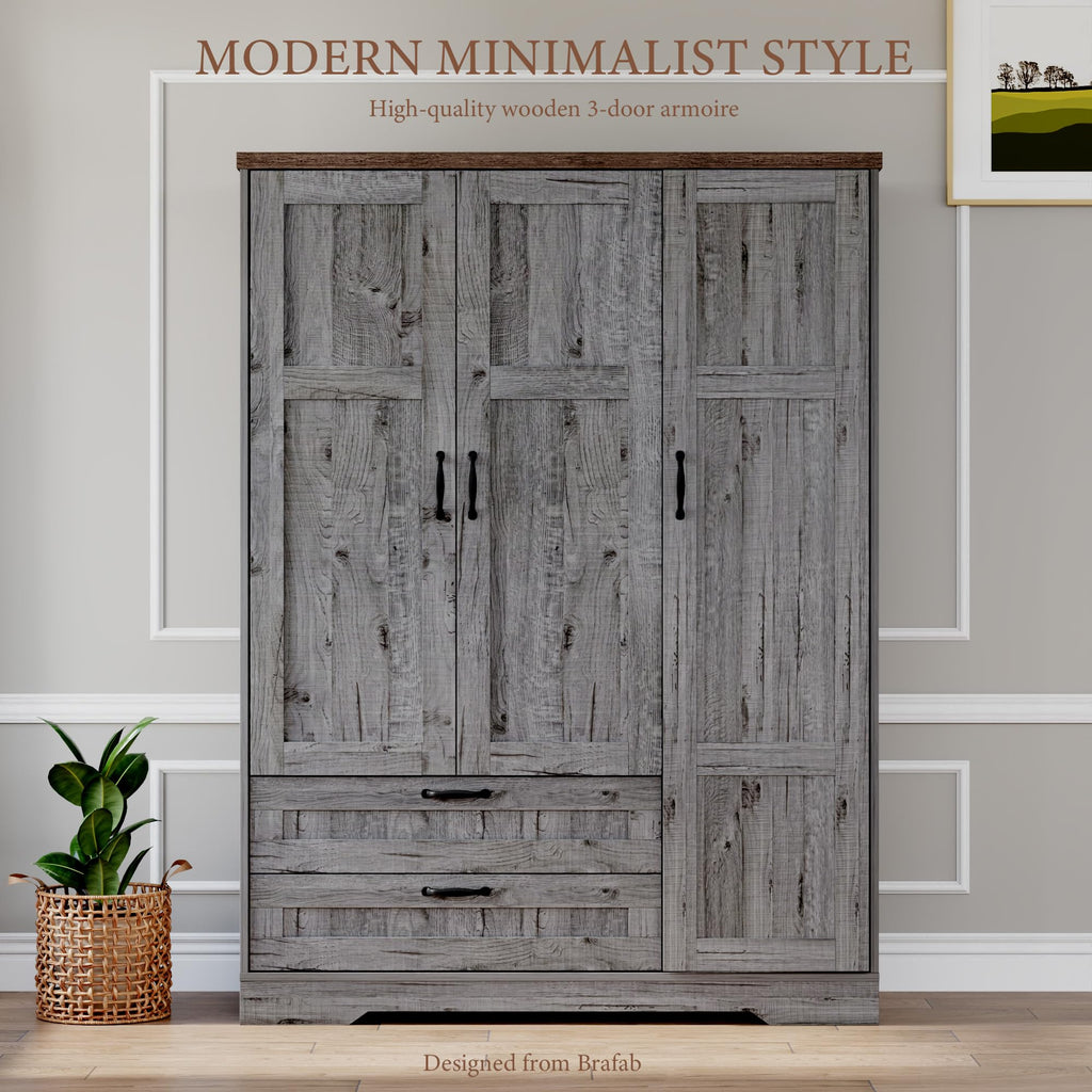 62" Wooden Armoire Wardrobe Closet with Mirror, Grey, 3 Doors