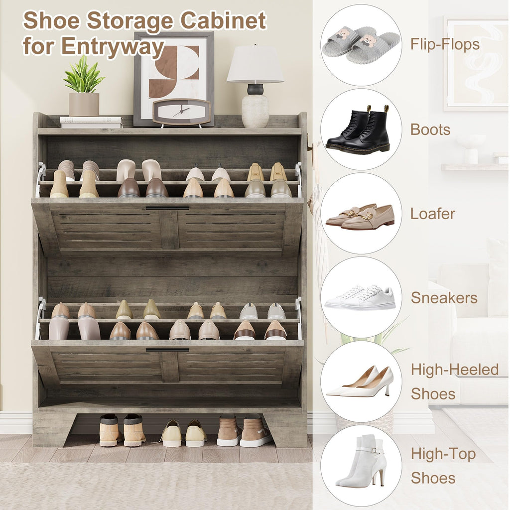 Shoe Cabinet Storage, Narrow Shoe Cabinet with 2 Flip Drawers, Freestanding Hidden Slim Shoe Organizer Cabinet with