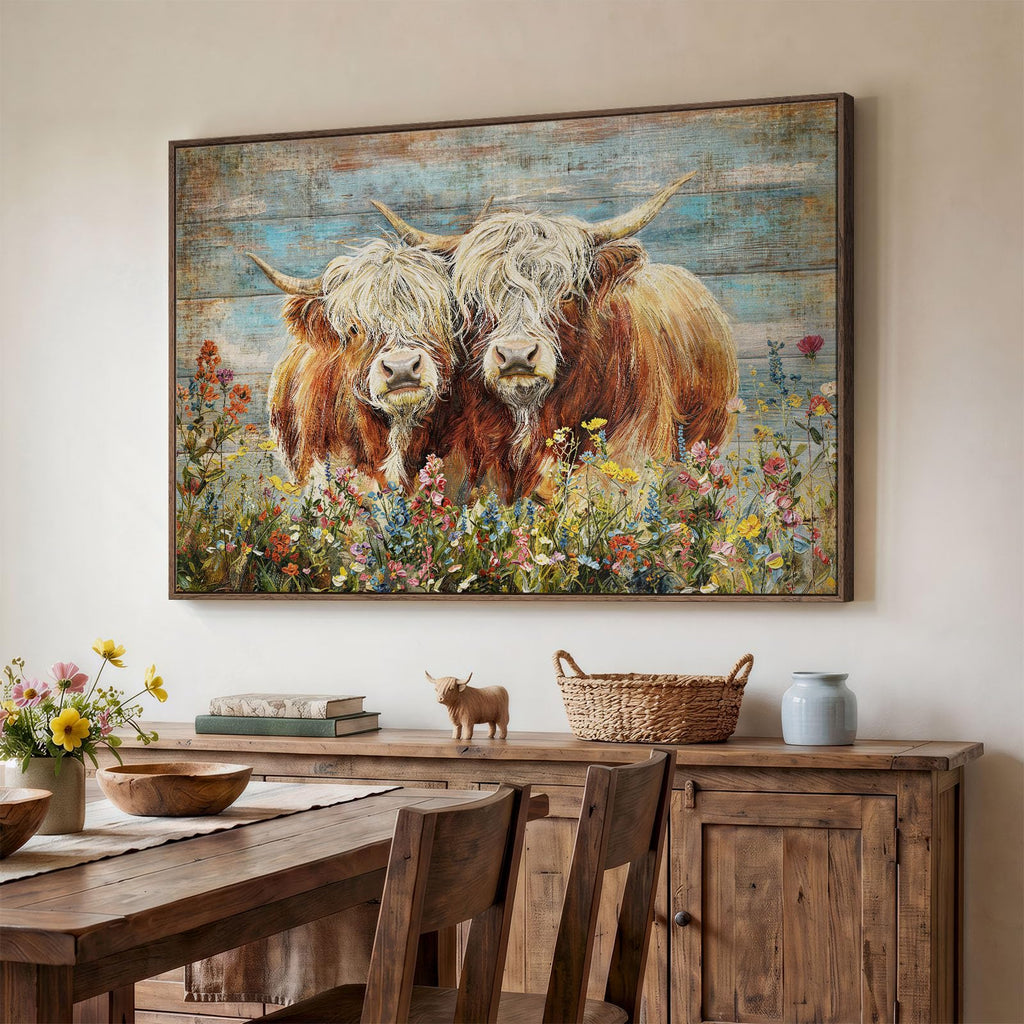 Large Farmhouse Highland Cow Wall Art, Horizontal Prints Paintings 48x32 In