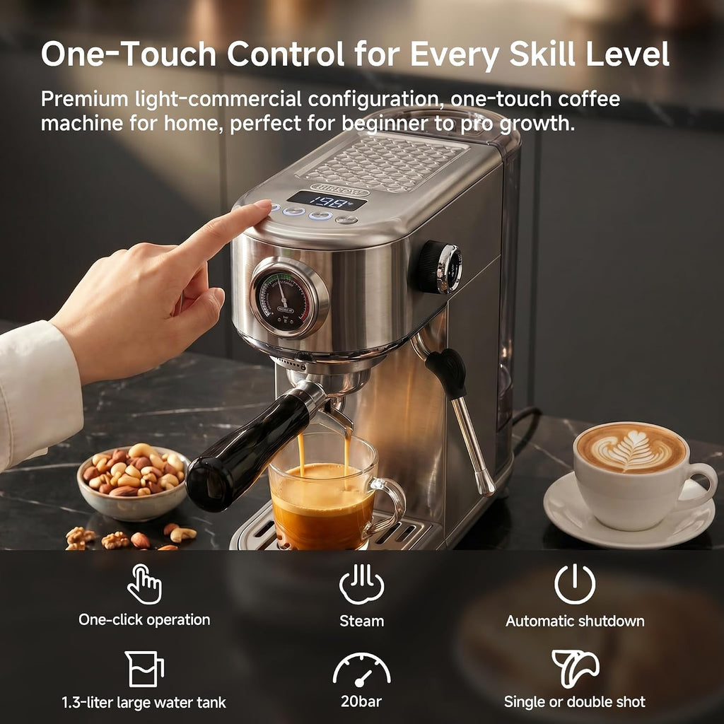 H10B Programmable Espresso Machine with LED Display & Pressure Gauge | 20 Bar Compact Stainless Steel Coffee Maker