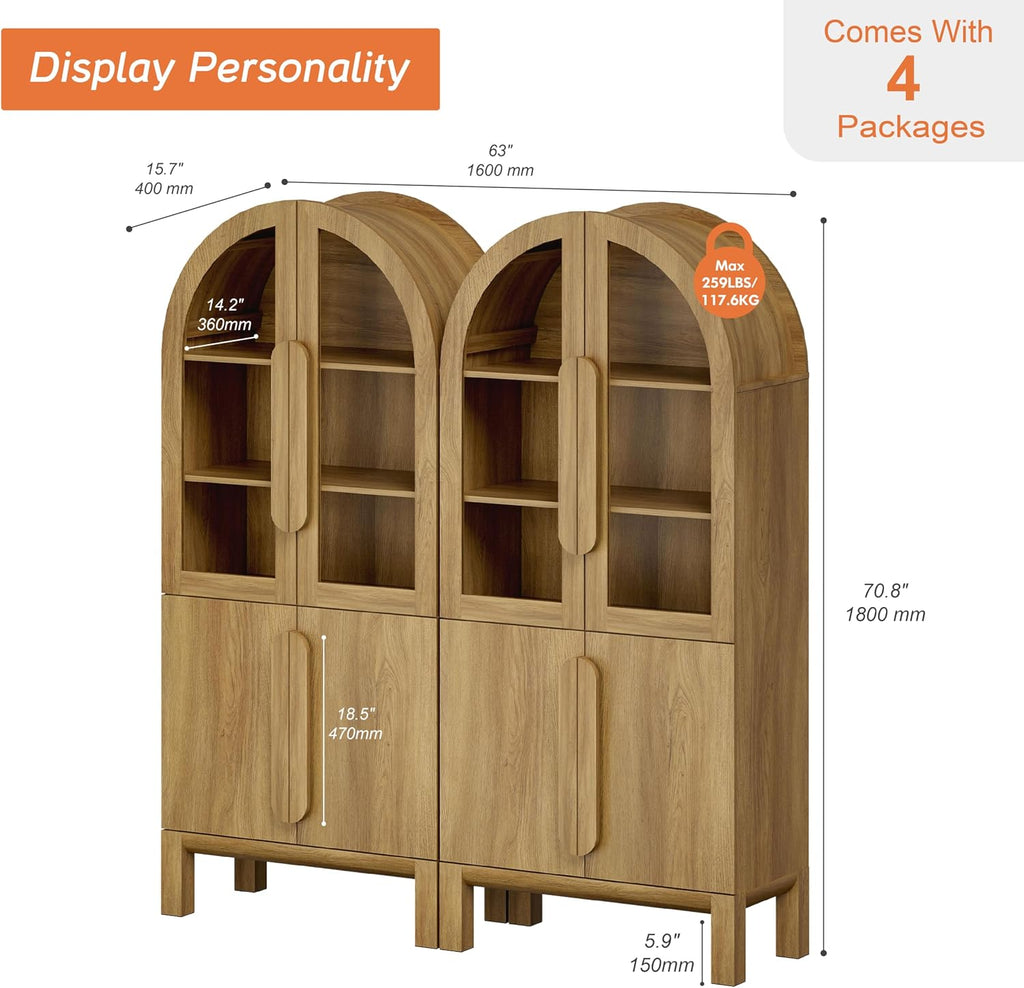 71" Tall Arched Bookshelf, 5 Tiers Bookcase with Glass Doors and Adjustable Shelves, Modern Arched Display Cabinets