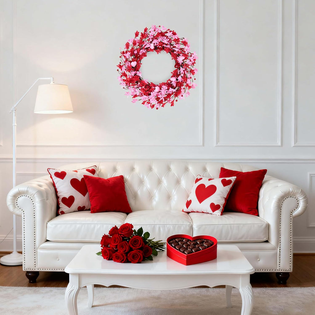 Valentine's Day Wreath 22 Inch Valentines Day Wreaths for Front Door Pink Floral Wreath with Red Love Heart Berries