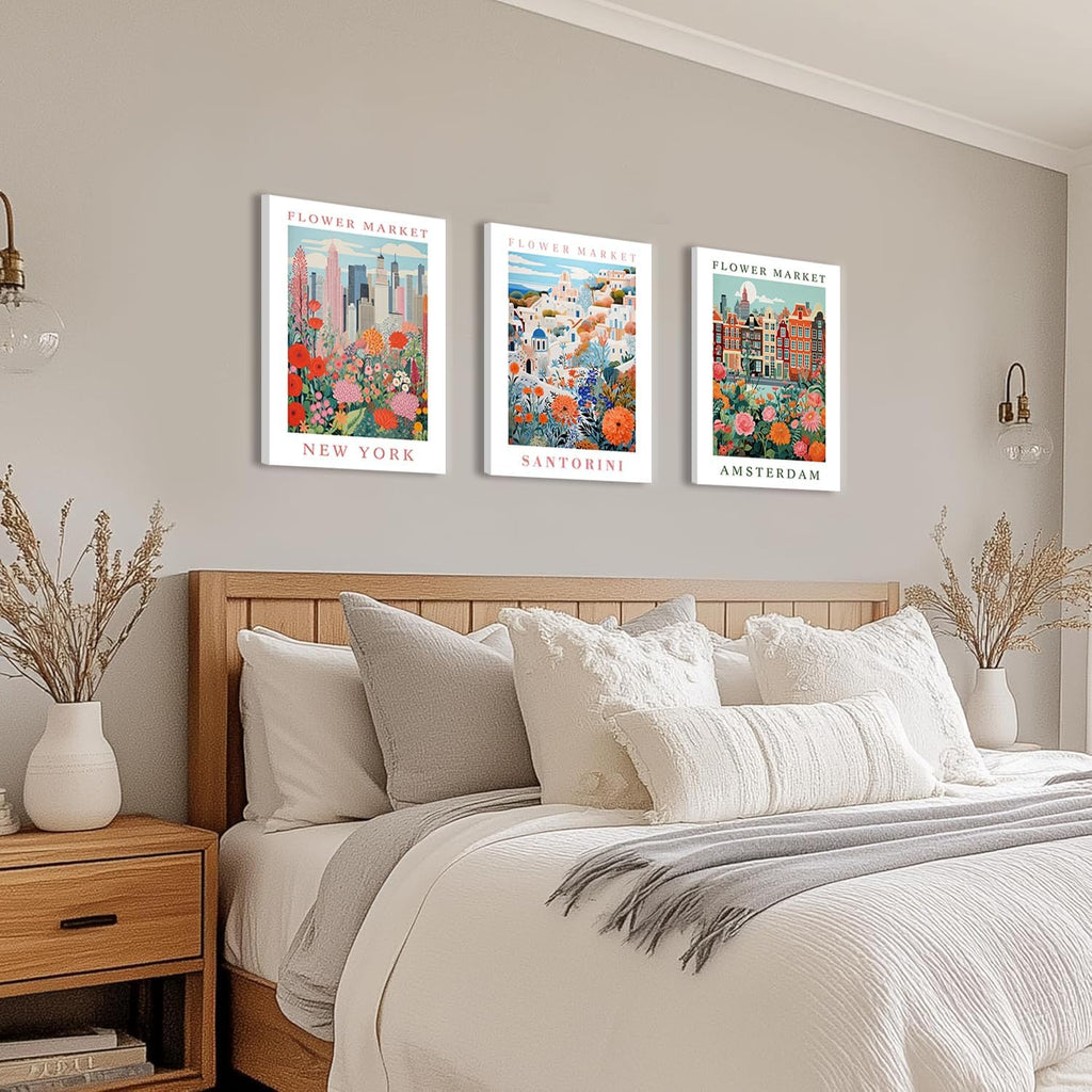 3 Piece Flower Market Wall Art City Floral Canvas Wall Art Colorful City Flower Pictures Wall Decor Vintage Travel