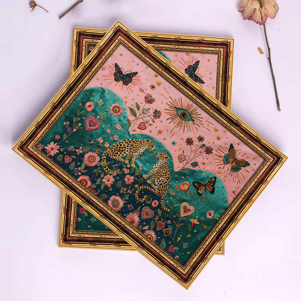 Mystical Leopard and Butterfly Wall Art with Gold Vintage Frame, Surreal Botanical Folk Art Print, Embroidery Style