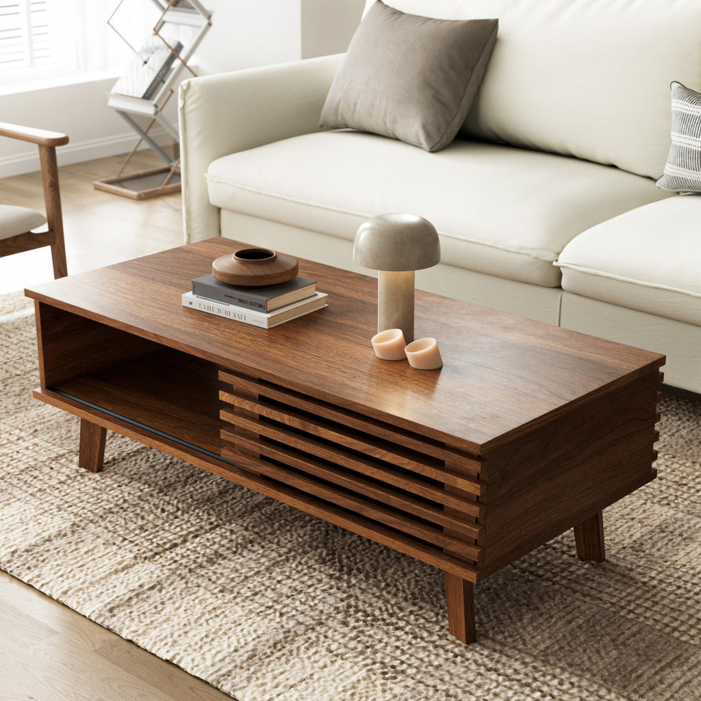 Mid Century Modern Coffee Table, Wood Coffee Table with Storage, Walnut