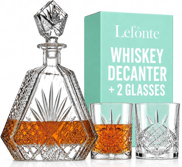 Whiskey Decanter Set with 2 Old Fashioned Whisky Glasses for Liquor Scotch Bourbon or Wine - Irish Cut Triangular - Set of 3
