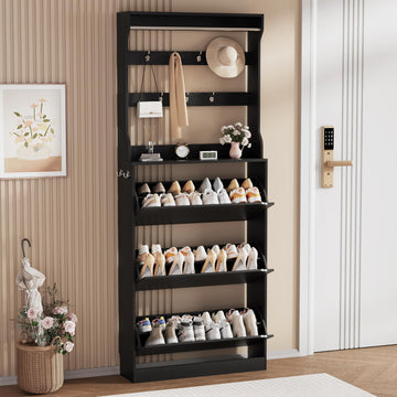 Black Hidden Shoe Cabinet with 3 Flip Drawers & Coat Rack, Entryway