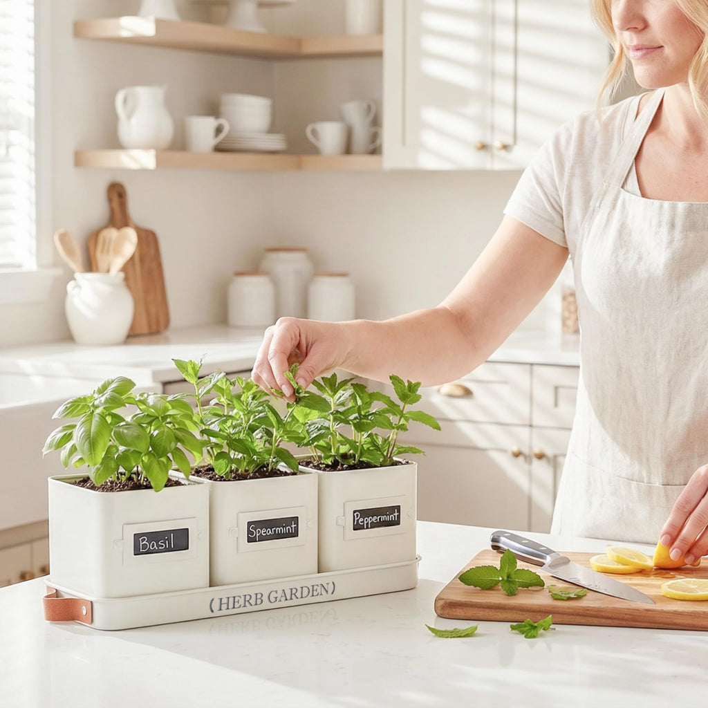 Indoor Herb Garden, Herb Planter Set with Tray, Farmhouse Indoor Plant Pots, Windowsill Herb Garden with