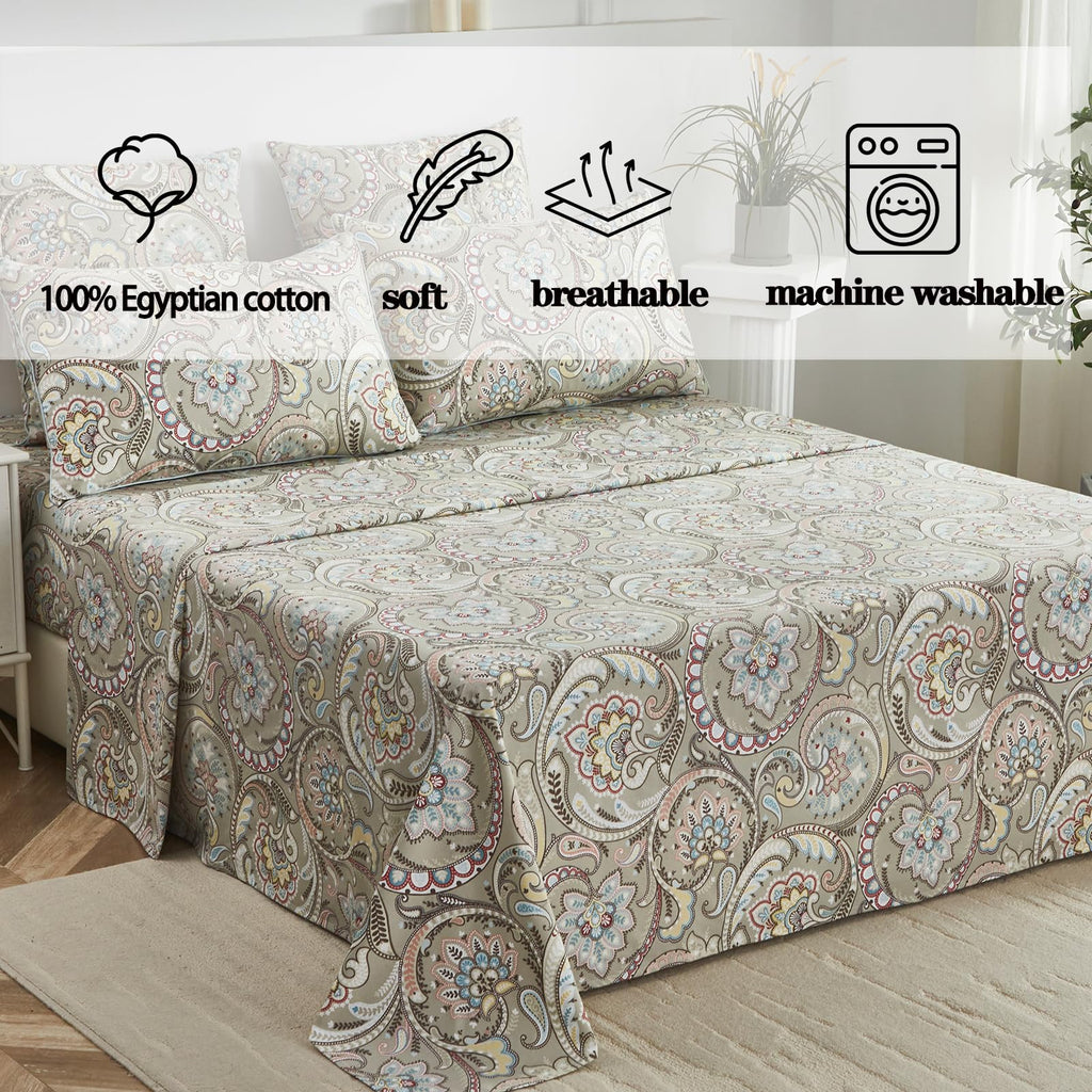 Paisley Sheets Set Twin XL Boho Paisley College Bedding Luxurious Bohemian Damask Dorm Bedding 100% Egyptian Cotton