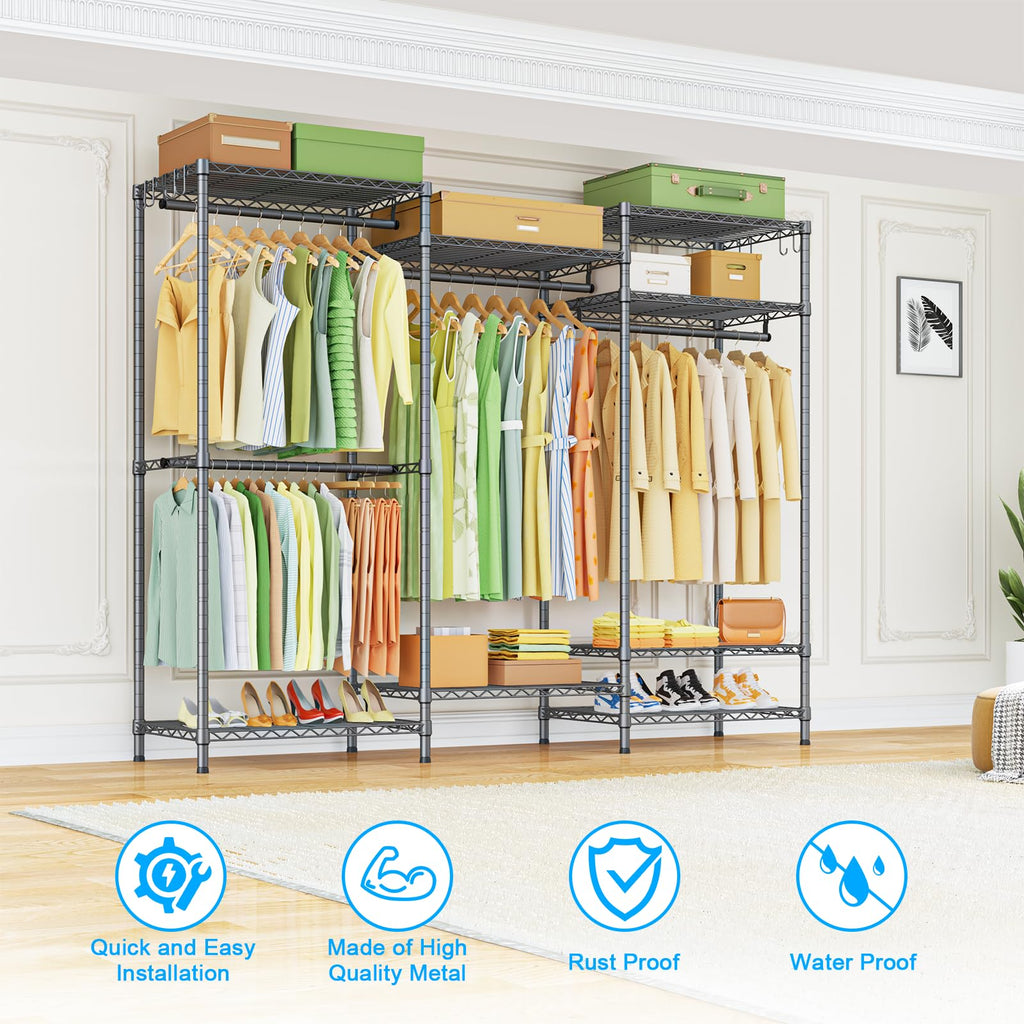 E13 Heavy Duty Clothes Rack(With 4 Hanger Rods & 8 Shelves) Freestanding Clothing Racks for Hanging