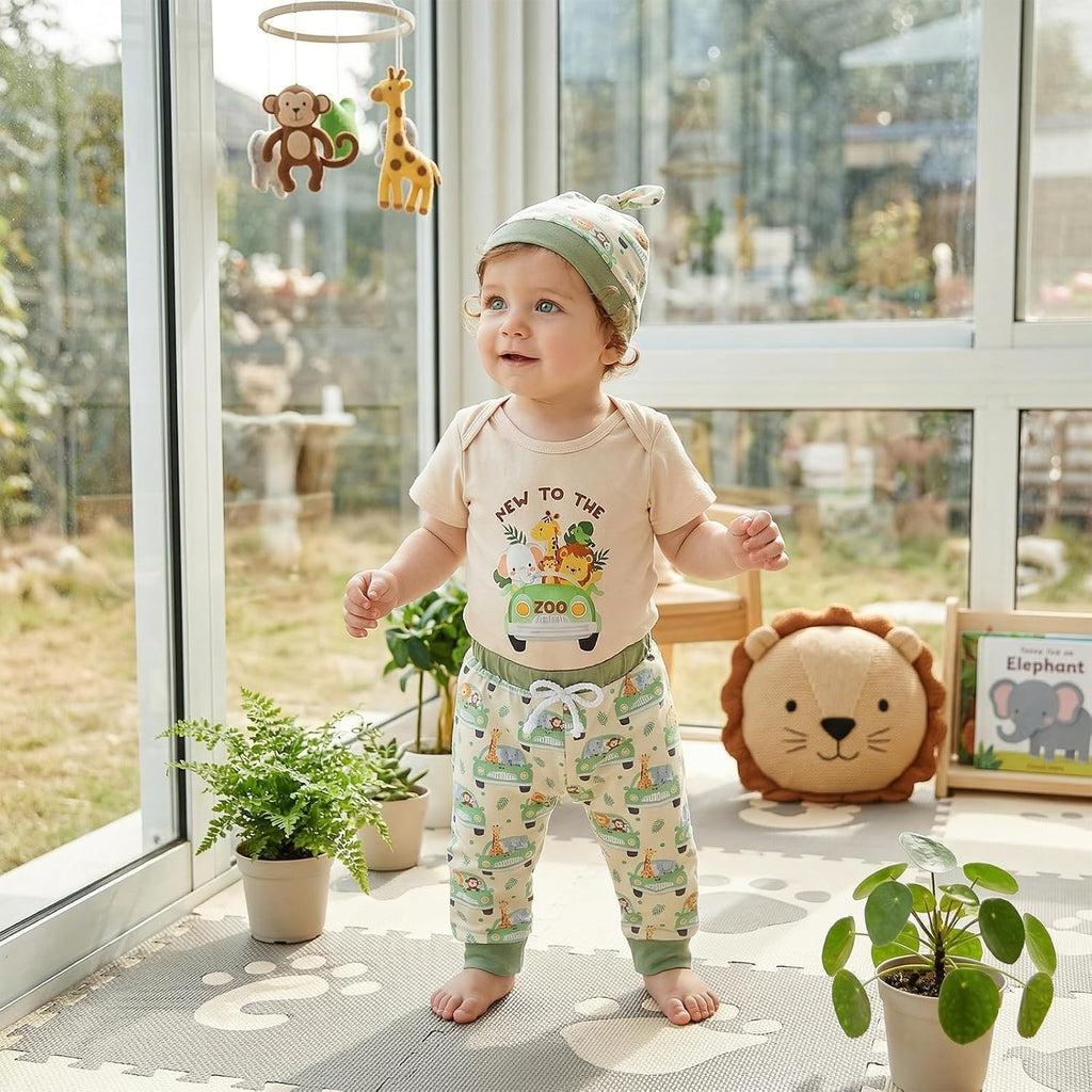 Newborn Baby Boy Clothes Zoo Animals Short Sleeve Romper Shirt Top Pants Hat Set Summer Outfits