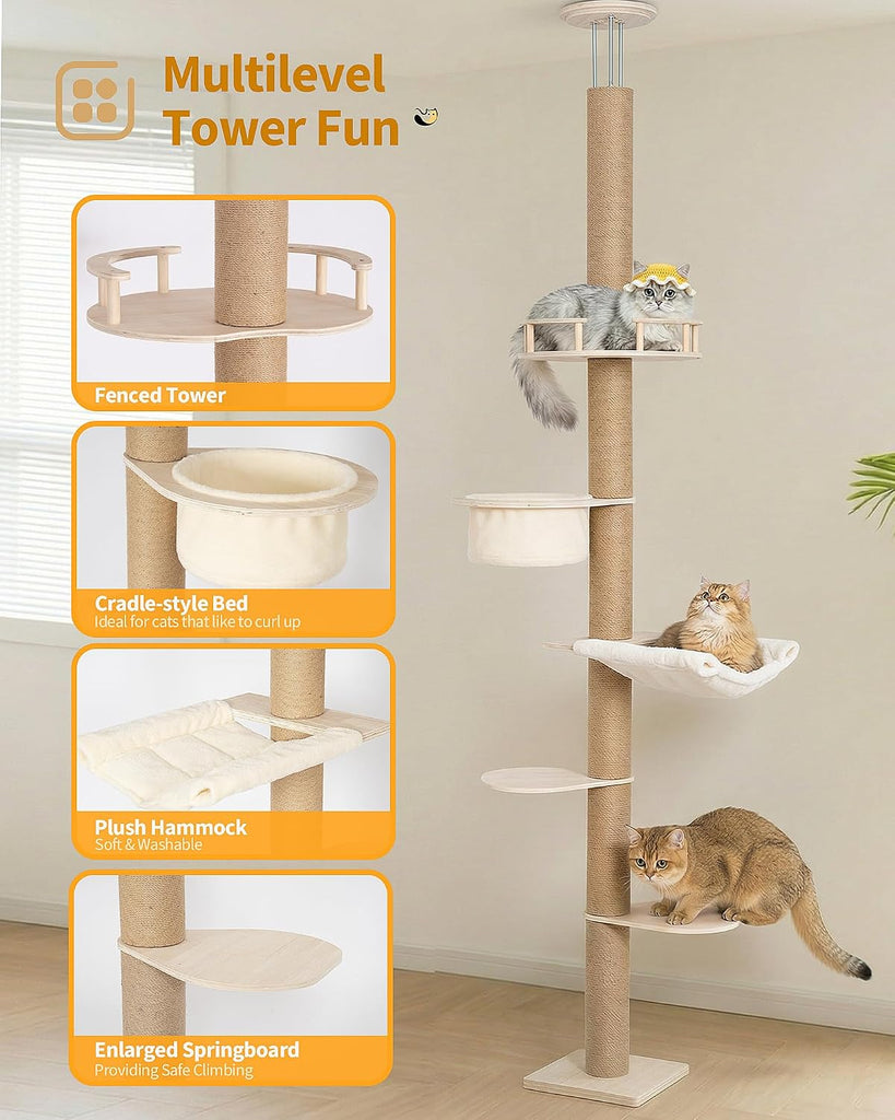 9ft Floor to Ceiling Cat Tree for Large Cats, 5'' Deep Hammock