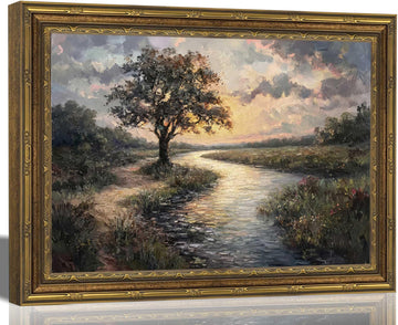 Gold Framed Canvas Wall Art, Serene River Tree Sunset Landscape Painting, Classic Countryside Picture Poster Prints
