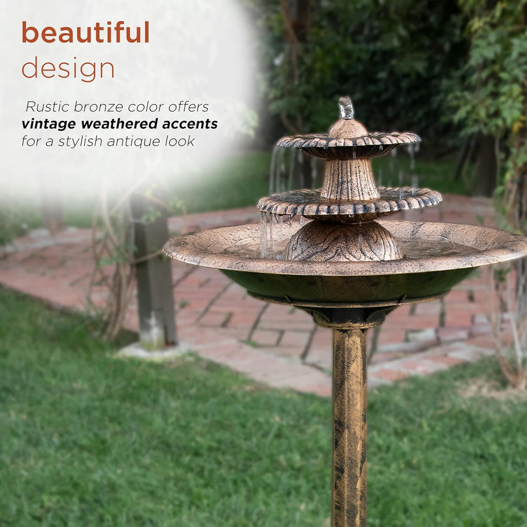 35” Tall 3-Tier Pedestal Water Fountain with Birdbath in Vintage - Outdoor Garden Fountain Decoration, Bronze