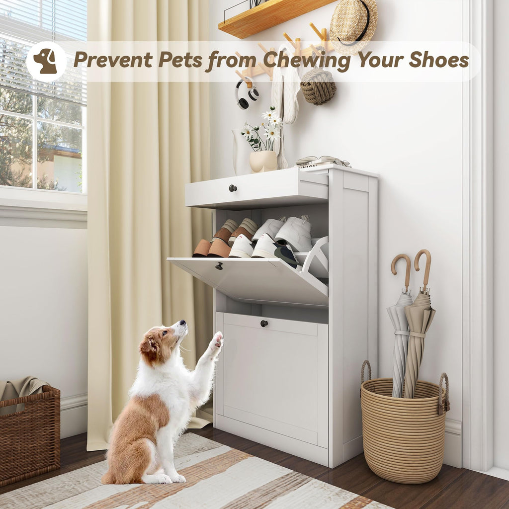 Shoe Cabinet with 2 Flip Drawers, Slim Shoe Storage Cabinet, White