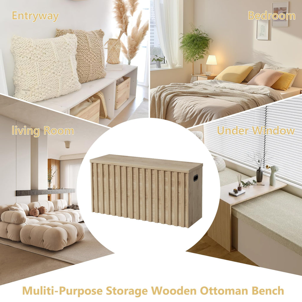 Storage Bench Set of 2, 39.4" Wood Storage Trunk with 2 Safety Hinges, Sturdy Storage Chest, Fluted Storage Bench