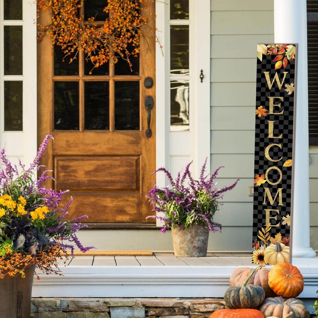 Fall Wooden Porch Sign 47" Autumn Pumpkin Maple Leaf Front Door Welcome Sign Vertical Standing Sign For Garden Home