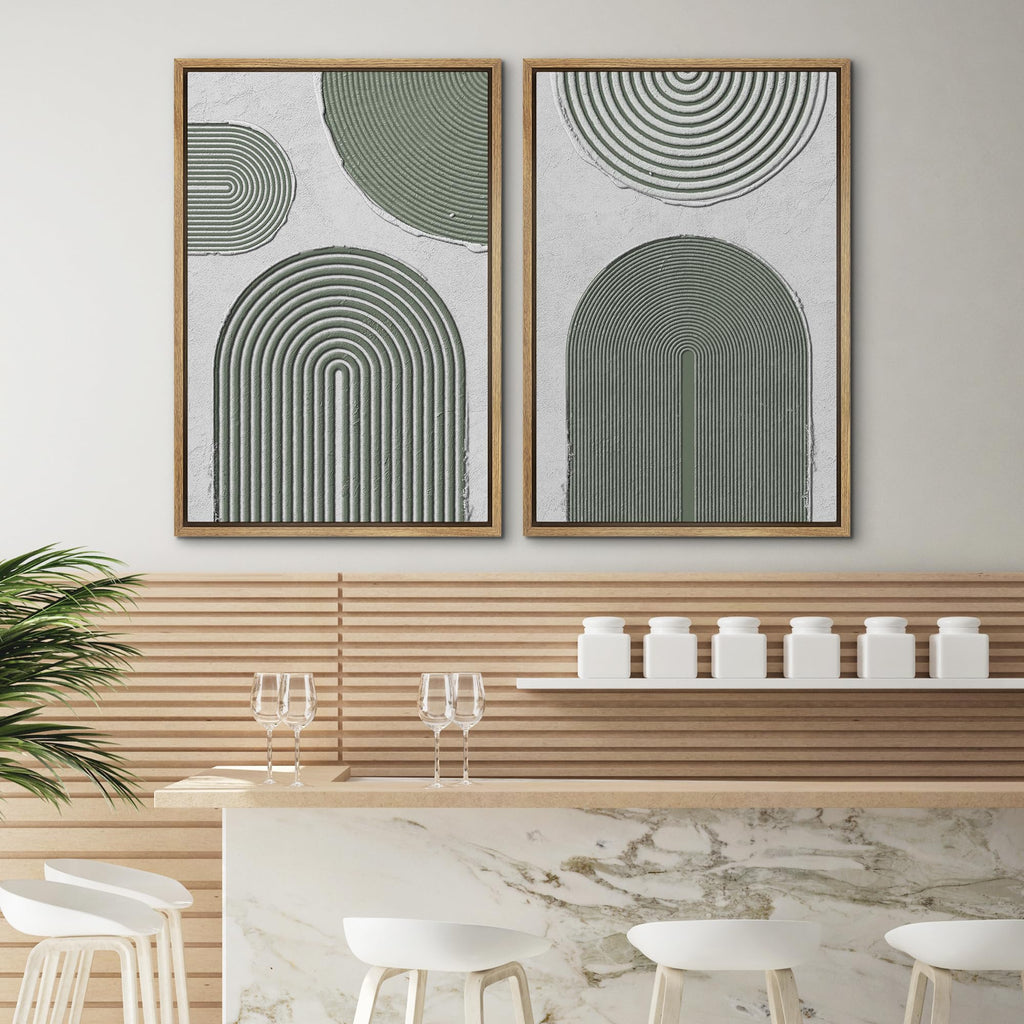 Framed Canvas Print Wall Art Set Mid-Century Green Geometric Circle Abstract Shapes Illustrations Minimal Decorative