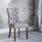Velvet Dining Chairs Set of 4, Tufted Upholstered Chairs with Nailhead Back and Ring Pull, Solid Wood Legs, Light Grey